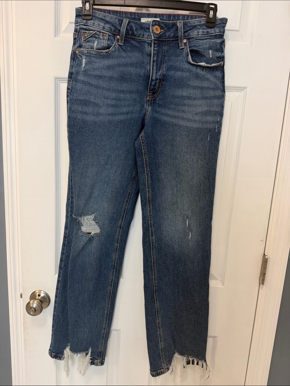 Women's Distressed Mid-Rise Straight-Leg Jeans — Blue